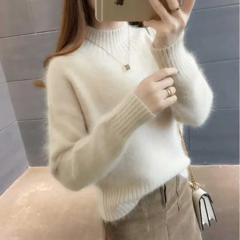 

WEIHAOBANG 2021 Autumn Winter New Women Knitted Sweater Solid Color Semi High Neck Loose Leisure Long Sleeve Knitted Sweater