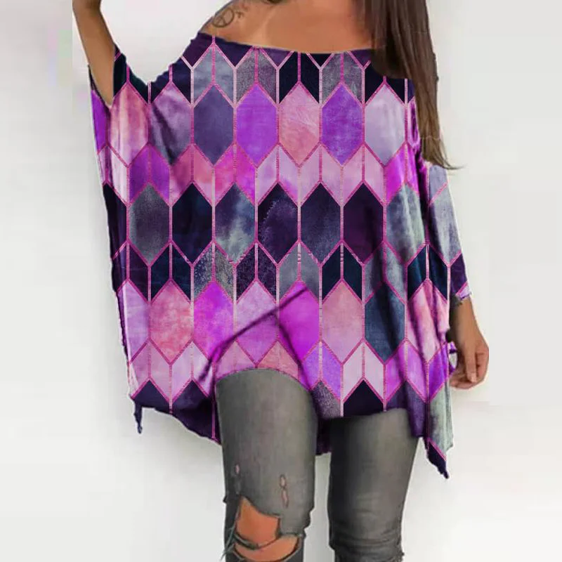 

2021 Fashion Diamond Colorful Parrtern T Shirts For Women Elegant Slash Neck Long Sleeves Tops Casual Loose Blusa 5XL
