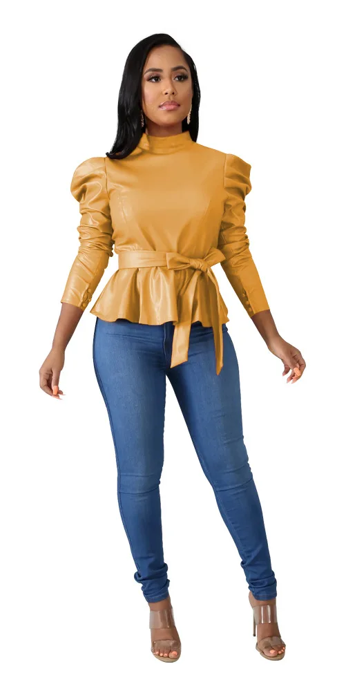 yellow tops Adogirl/однотонный топ с баской из искусственной кожи; коллекция года; сезон осень-зима; водолазка с длинными рукавами-фонариками; Модная Повседневная рубашка с поясом; женская одежда - Цвет: yellow tops