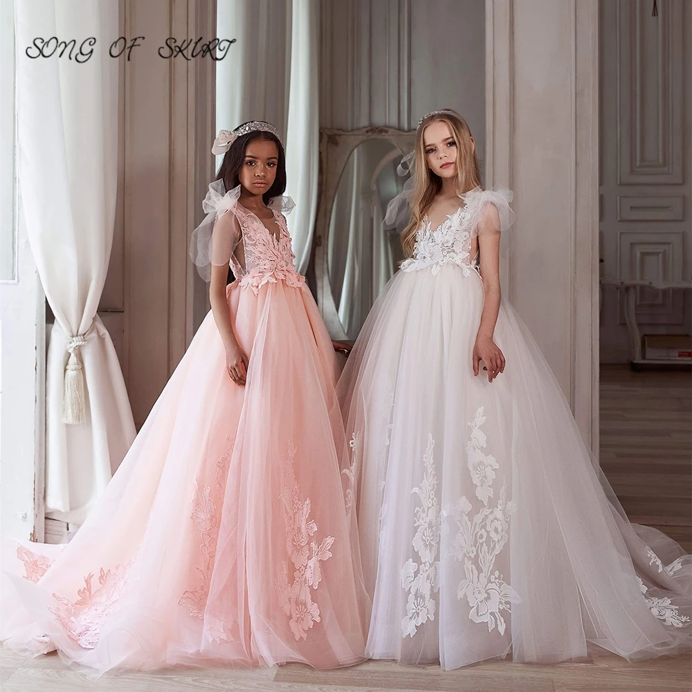 

Платья с трехмерными наклейками для девочек с цветочным рисунком, V-образным вырезом, без рукавов, аппликация, официальное свадебное вечернее платье, платья для девочек