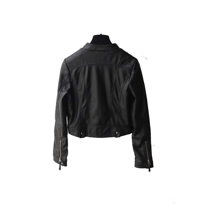 

Fashion Slant Zipper Cropped Black Faux Leather Biker Jacket for Women Cute Ladies Stand Collar PU Leather Motocycle Jacket