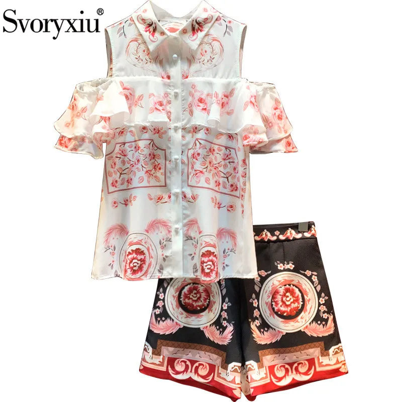 

Svoryxiu 2020 Fashion Runway Summer Shorts Sets Women's Off Shoulder Ruffles Flower Print Blouse + Shorts Two Piece Set Female