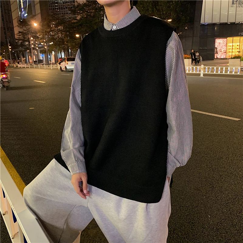 

Sweater Vest Men Solid Simple Side-slit O-neck Loose Casual Fashion Chic Retro All-match Jumpers Korean Style Harajuku Cool Male