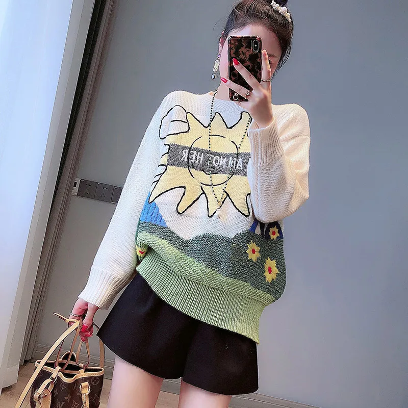 Женский вязаный Свитер оверсайз толстый свитер контрастных цветов с вышивкой