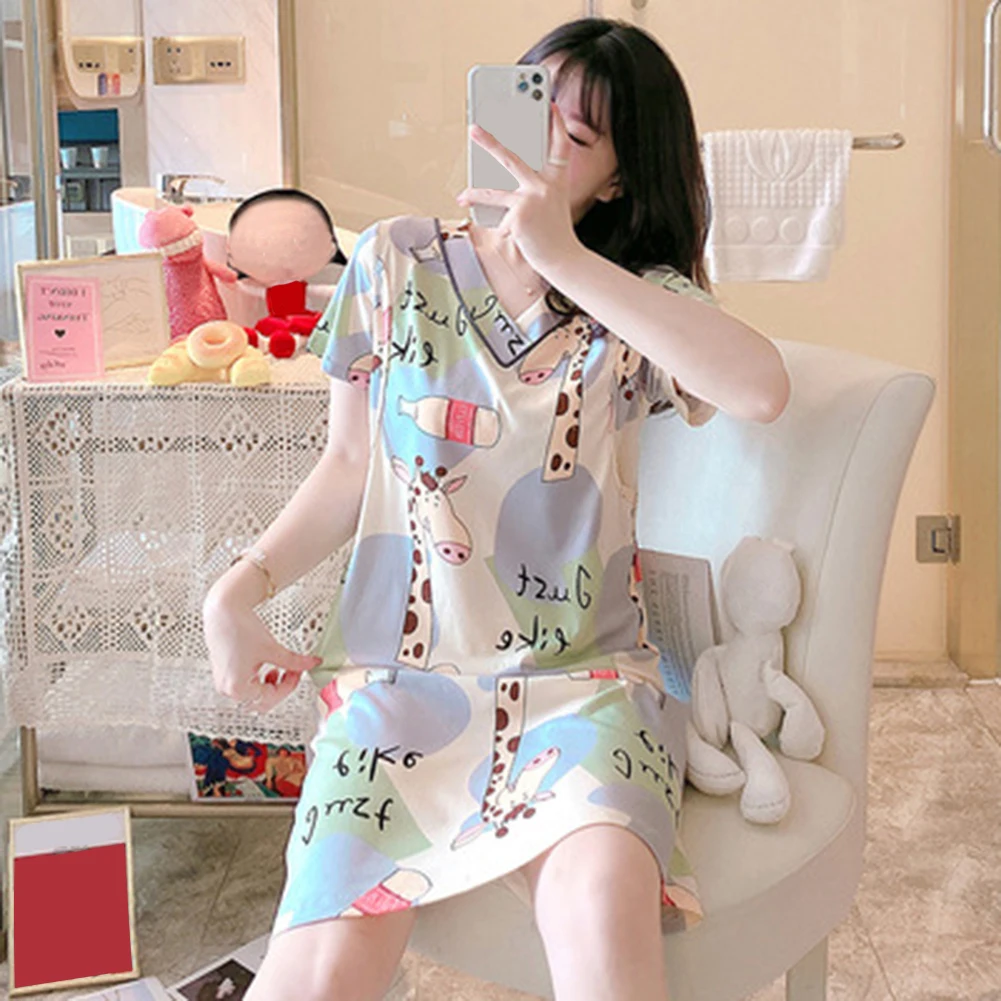 Мультфильм шаблон женская ночная сорочка летние дышащие v образный вырез