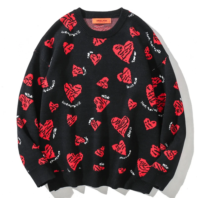

Мужские Винтажные Корейские вязаные свитеры с сердечками, зимний мужской свитер унисекс в стиле хип-хоп оверсайз, вязаная одежда для пар, же...