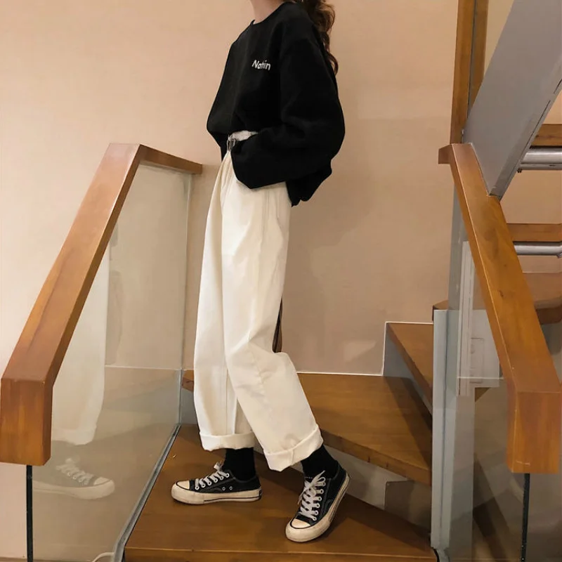 

Jeans Women Full Length High Waist Spring Fall Harajuku Students Chic Korean Style Fashion Wide Leg Loose Solid High Quality