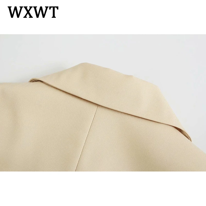 

WXWT Women 2021 Fashion Khaki Long Blazer Coat Vintage Long Sleeve Female Solid Single Breasted Outerwear Chic Tops MSD1787