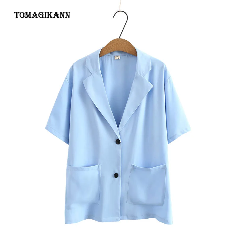 

Women Thin Blazer Summer Solid Single Breated Turn Down Collar Suit Coat Plus Size Short Sleeve Pockets Outwear Tops