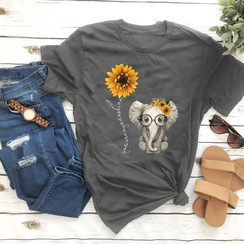 

2020 Elephant Sunflower Print Tshirt Women Casual Short Sleeve O Neck Tee Tops for Female Cartoon Cute T-shirts Femme Clothings