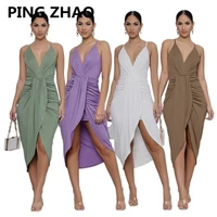ping zhao women solid spaghetti strap v neck ruched midi dress sexy summer evening party dress