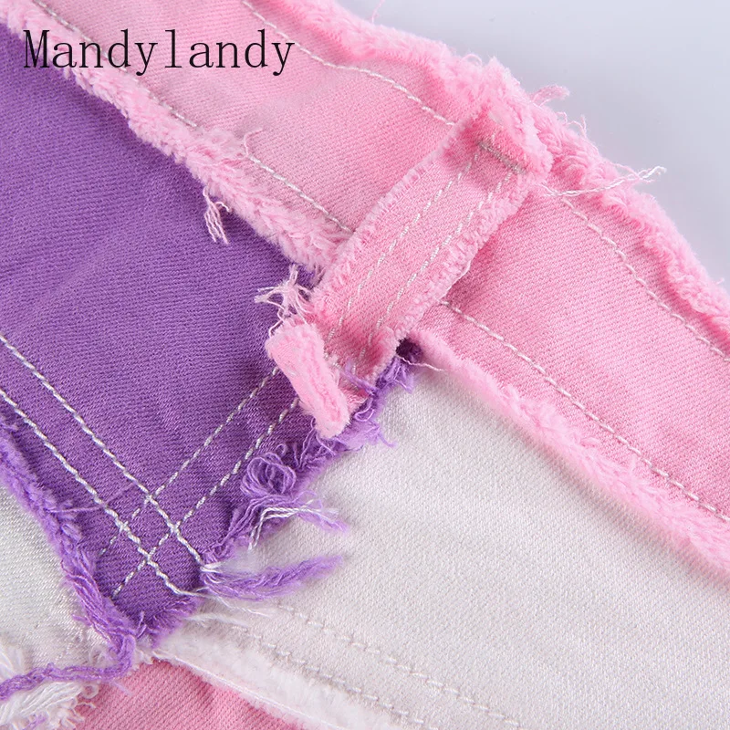 

Mandylandy Fashion Women Mid Waist Streetstyle Patchwork Jeans Shorts Straight Slim Lady Denim Shorts Skinny Trousers Hotpants