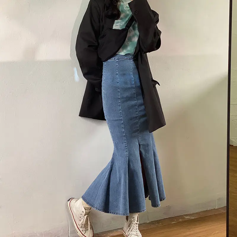 

2021 Spring & Autumn New Korean High Waist Slim Simple Blue Denim Skirt Sexy Split Irregular Women Fishtail Skirt Free Shipping