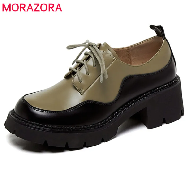 

MORAZORA 2021 New Arrive Genuine Leather Shoes Women Pumps Round Toe Lace Up Fashion Cool Casual Platform Shoes Women