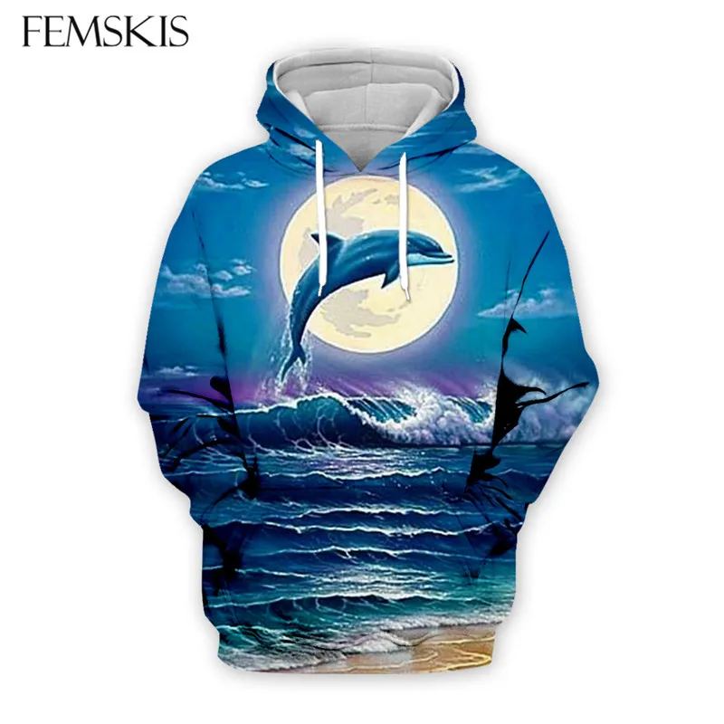 

FEMSKIS 3D Hooded Dolphin Hoody Cute Men Sweatshirt Loving Dolphin Pullover Women Casual Hoodie Ocean Hoodies Plus Size Clothing