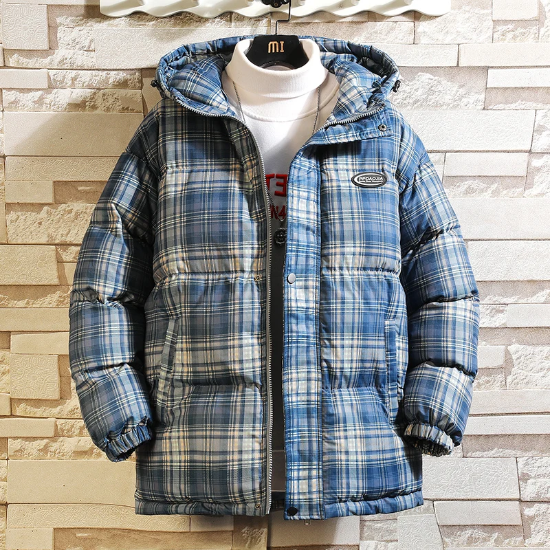2021 winter new letter brick wall hanging shot printing thick coat men's hooded plaid coat