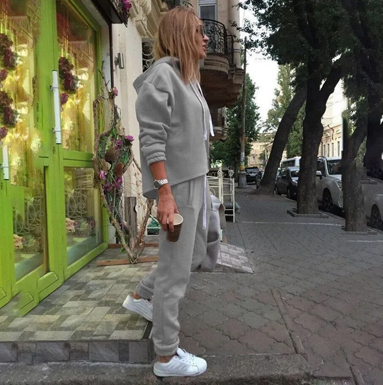 Осенний спортивный костюм с длинным рукавом, утолщенные толстовки с капюшоном, комплект из 2 предметов, повседневный спортивный костюм, женский спортивный костюм - Цвет: Gray 2Pcs Suit