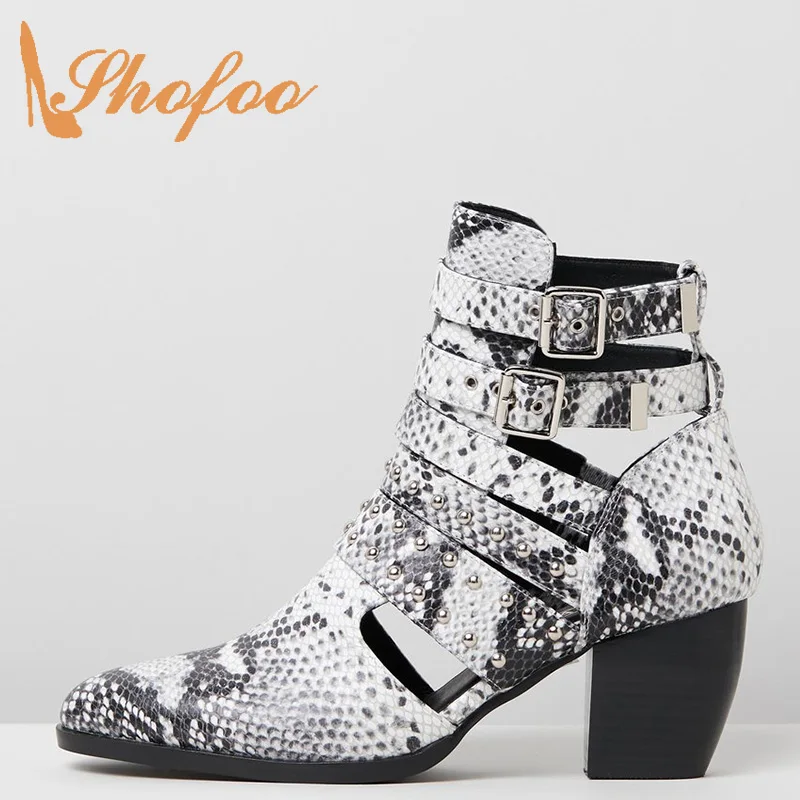 

Женские ботинки со змеиным тиснением Shofoo, ботильоны с ремешком и пряжкой, женские ботинки с острым носком на высоком каблуке, большие размеры 13 15, модная обувь с заклепками