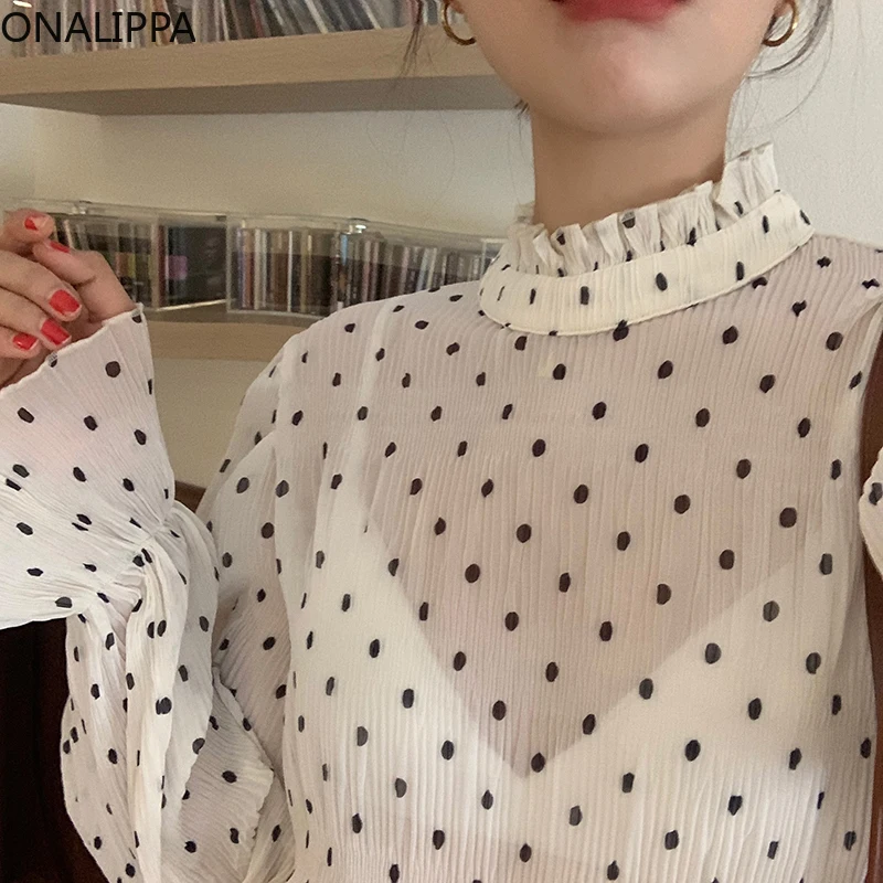 

ONALIPPA Stand-Up Collar Chiffon Shirt Gentle Pleated Design Polka Dot Pleated Texture Micro Perspective Flared Sleeve Blouses