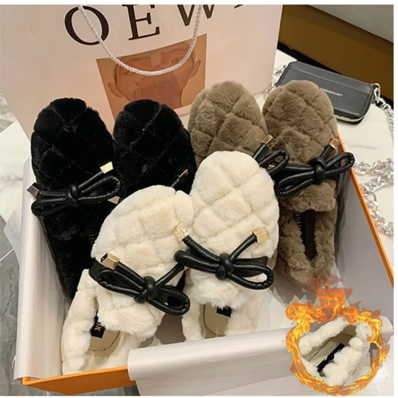 Winter The New Fur Shoes Women Fashion Casual Solid Slip-On Round Toe Butterfly-knot Plush Shallow Keep Warm High Quality Flock