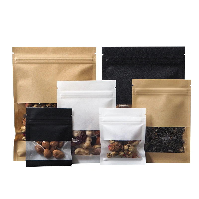 

Resealable Brown/White/Black Paper Clear Window Zipper Bag Heat Sealing Sugar Snack Tea Capsule Seeds Window Packaging Pouches