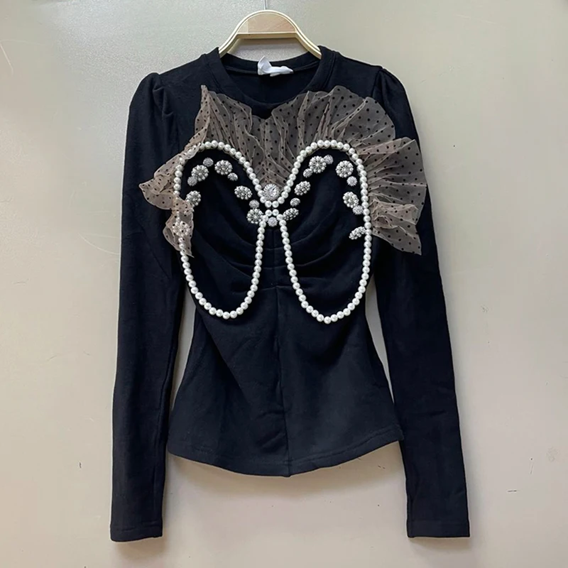 

Chic Pearls and Rhinestones Beaded Ruffle Pleats Decorated Women T-shirt Retro Basic Autumn Sweatshirt