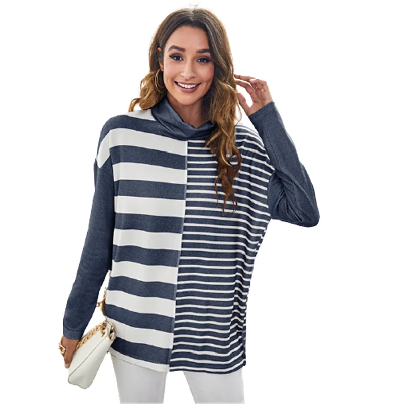 

Модные женские футболки в полоску с принтом, с длинным рукавом, водолазка, уличная одежда, пуловеры, футболка свободного кроя, Повседневная ...