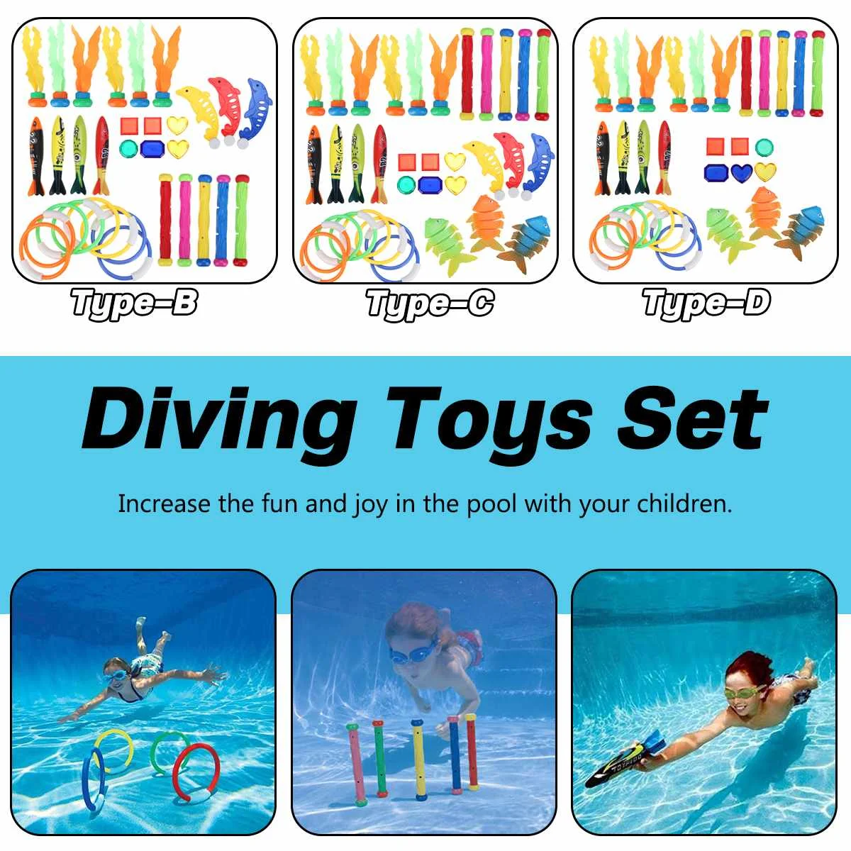 

Summer Playing Swimming Pool Throwing Diving Toys a set with Underwater Ring Seaweed Water Pool Game Toys Gift for Children
