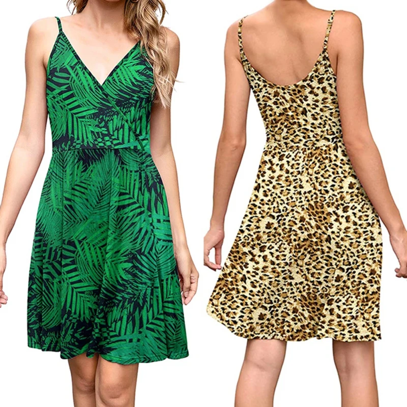 

ETOSELL Ladies Sling Dress Summer V-Neck Floral Print Vacation Casual Suspender Dress