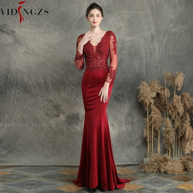 

YIDINGZS Burgundry V-neck Appliques Beaded Long Sleeve Evening Dress See through Elegant Evening Party Dress YD16357