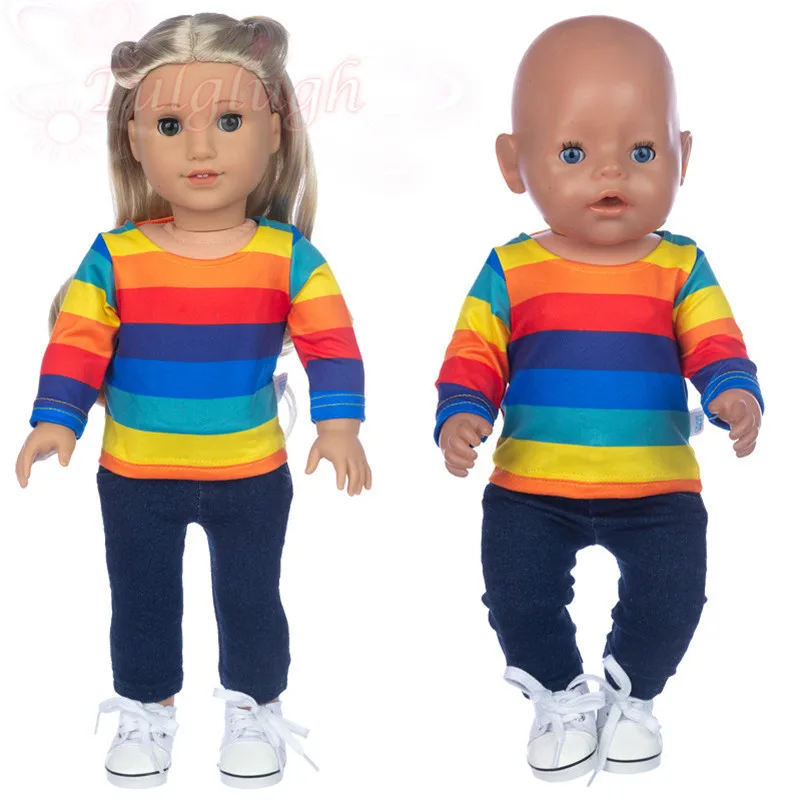 

Аксессуары для кукол для новорожденных 18 дюймов 43 см, рубашка в радужную полоску, черные брюки, костюм для ребенка, подарок на день рождения, ...