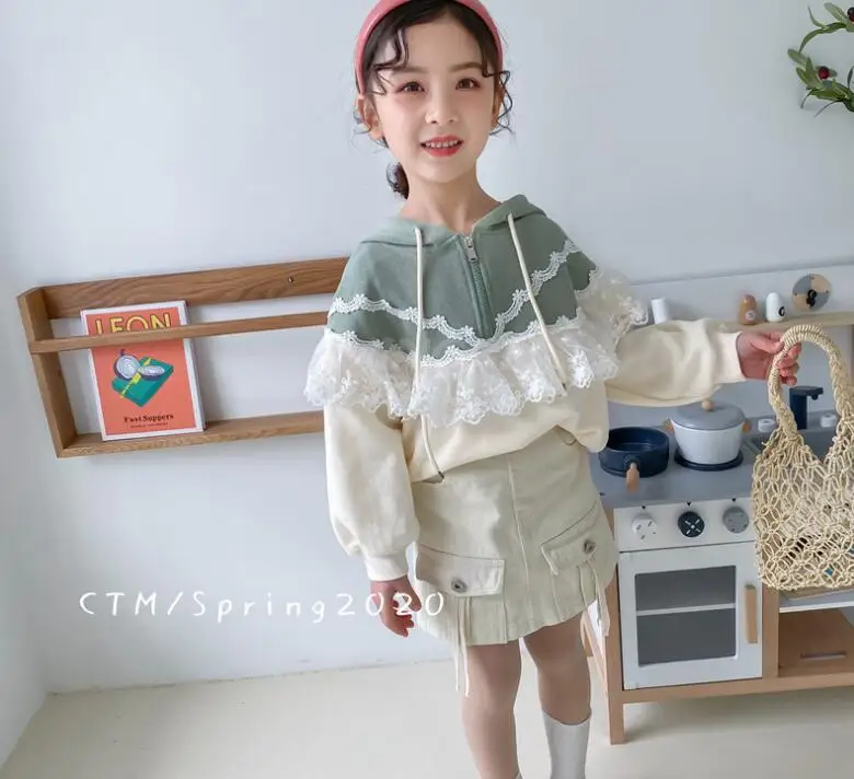 2020 Весенняя Повседневная Кружевная футболка с капюшоном для маленьких девочек