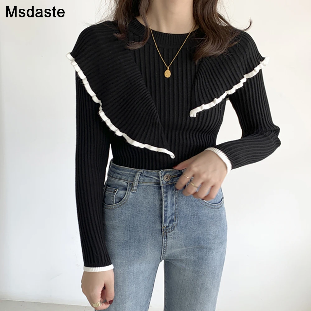 New Fashion Ruffles Design Women Sweaters Female Pullovers Top Knitted Sweater Slim Long Sleeve Ladies Tops Autumn Spring Knit | Женская