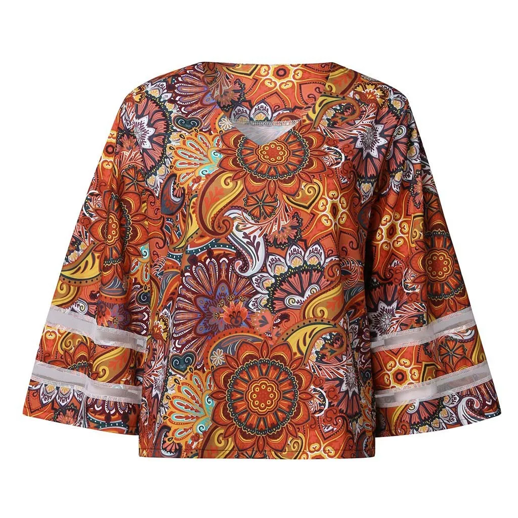 Блузка женская в этническом стиле с V образным вырезом и винтажным