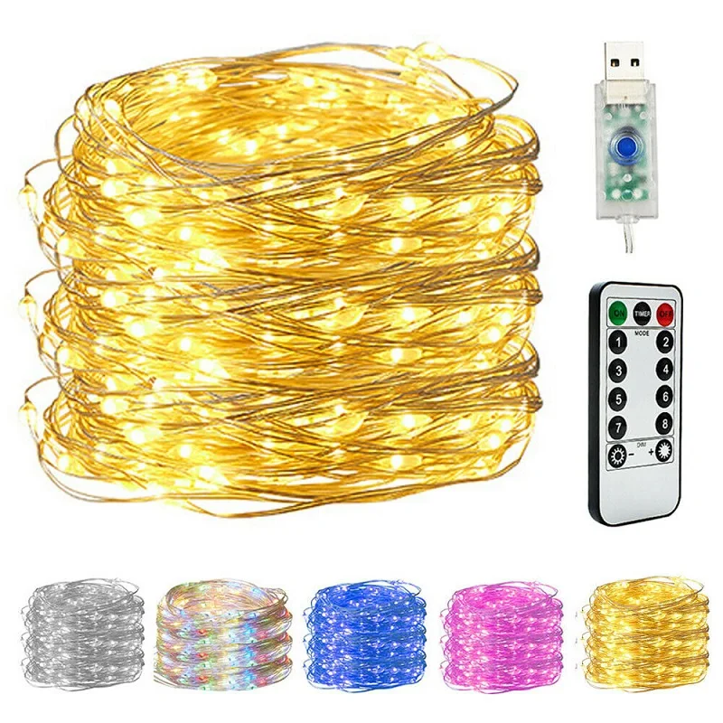50/100/200 LED Copper Wire String Lights USB Plug-in Fairy Lights with Remote 8 Modes Lights Waterproof Remote Control Timer