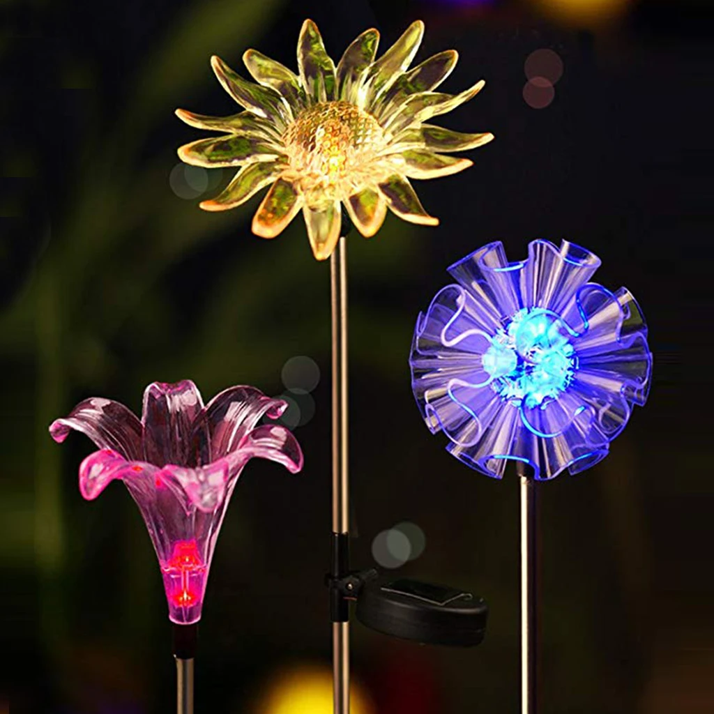 3pcs LED Solar Light Multicolor Changing Lamp Snowflake Lily Sunflower Patio Lights for Outdoor Garden Christmas Party Decor
