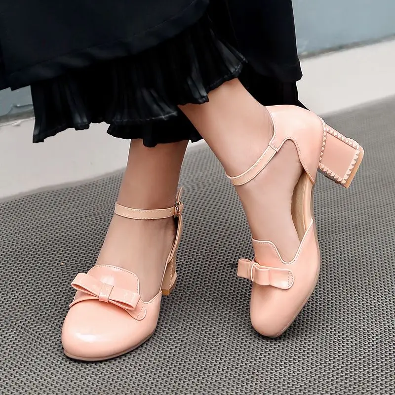

AGODOR Fashion Women Patent Leather Pumps Dorsay Shoes Ankle Strap High Block Heel Casual Shoes Women Pumps with Bow Size 34-43