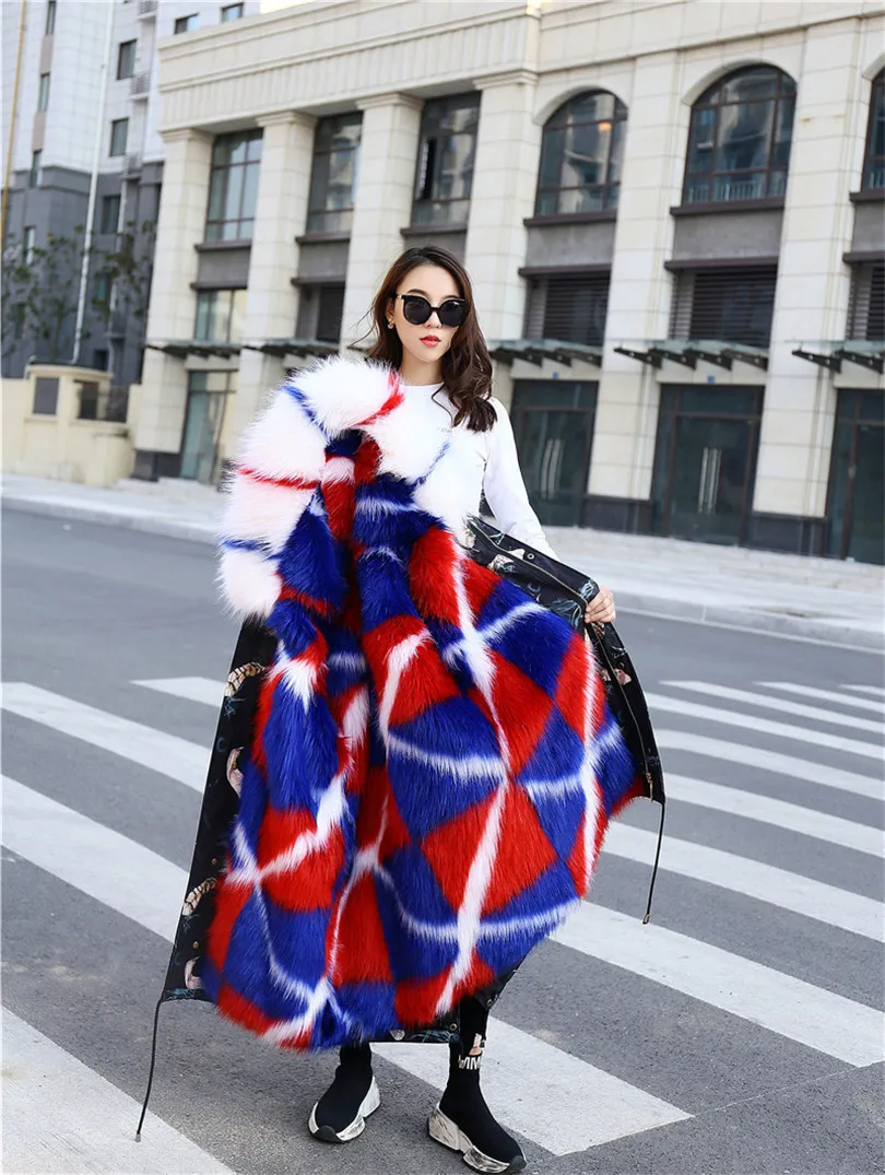 Зимняя меховая парка джинсовая куртка Женское зимнее пальто с капюшоном Длинная