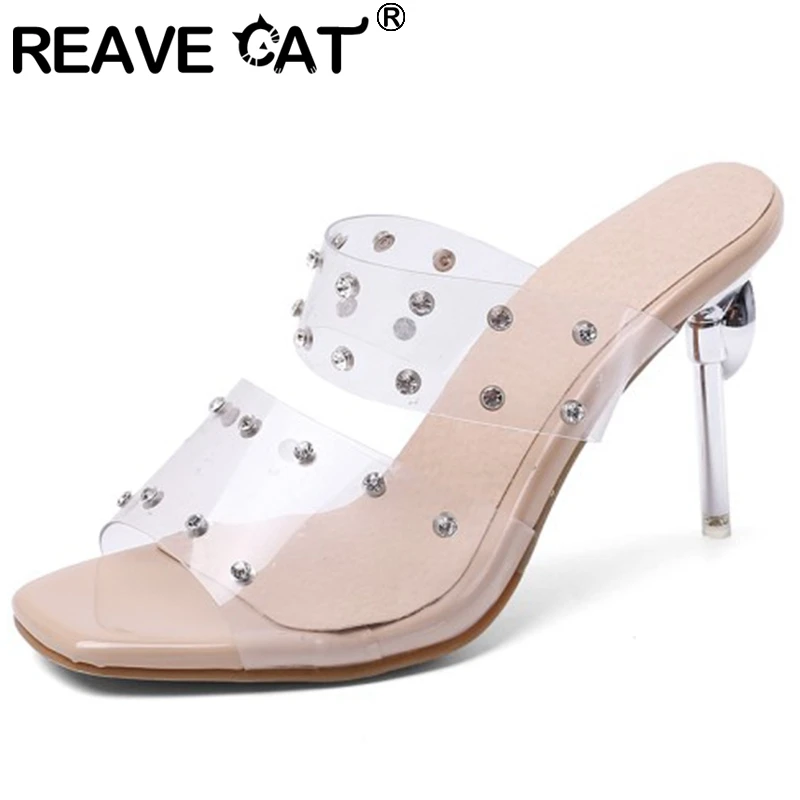 Женские тапочки REAVE CAT 2020 прозрачные шлепанцы с открытым носком на тонком высоком