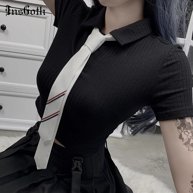 InsGoth винтажные однотонные черные облегающие рубашки поло для женщин Harajuku уличная