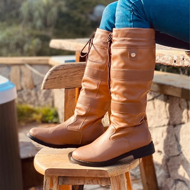 Women Knee High Boots  Low Heels Booties Plus Size Gladiator Pu Leather Knight Shoes Woman