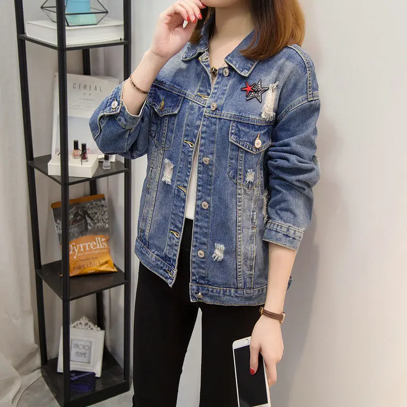 

spring hooded jacket women Hole Plus size denim Coat embroidery jeans jacket women Casual Long Sleeve woman jacket Overcoat