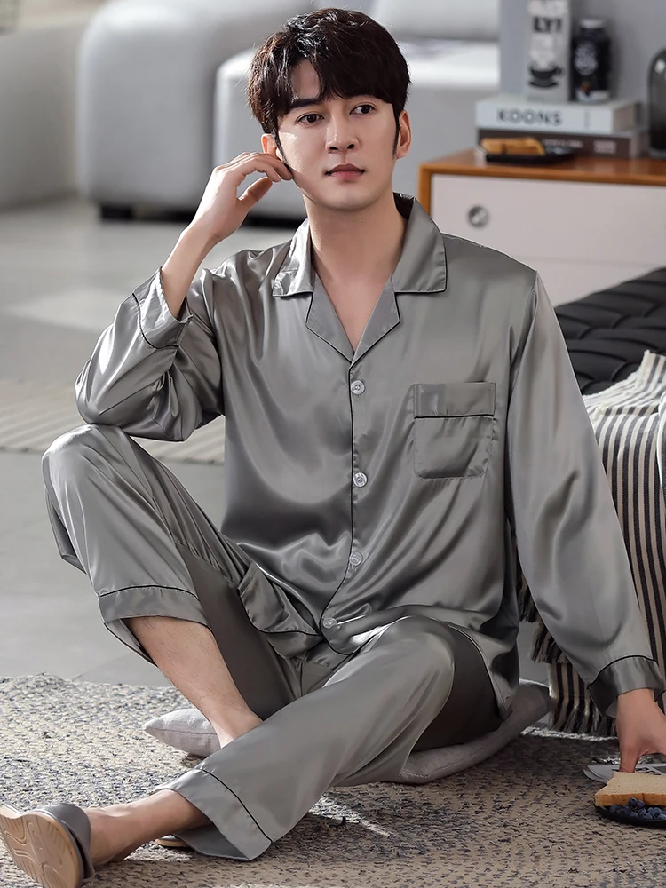 New Large Size Men Pajamas Ice Silk Long Home Pants For Men Solid Blue 2 Pieces Sleepwear Spring Pjs Bedgown Grey Homme Pijamas