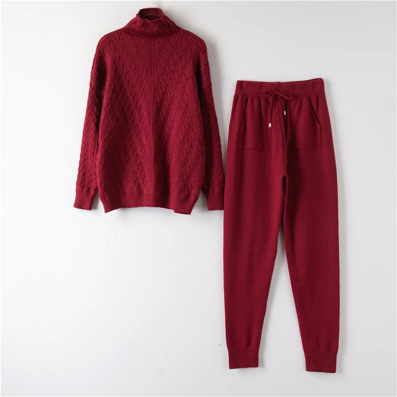 H01-Wine Red Водолазка, пуловер, свитера, трикотажные штаны, костюм из двух частей, комплекты для женщин на осень и зиму, теплый вязаный спортивный костюм, женский спортивный костюм - Цвет: H01-Wine Red