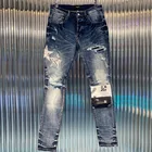 Джинсы мужские в стиле пэчворк, модные штаны в Корейском стиле, с эффектом многослойности, с синими дырками, с графическим принтом, со звездами, облегающие мотоциклетные штаны