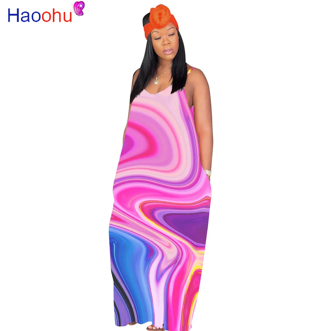 

Летнее платье на бретельках размера плюс для женщин, цветное богемное Платье с принтом в виде галстука-красителя и открытой спиной, модное п...