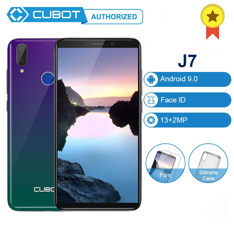Cubot J7 MT6580 четырехъядерный 5,7 ''полный экран Android 9,0 2 Гб ОЗУ 16 Гб ПЗУ смартфон 2800 мАч 3G Face ID двойная камера мобильный телефон