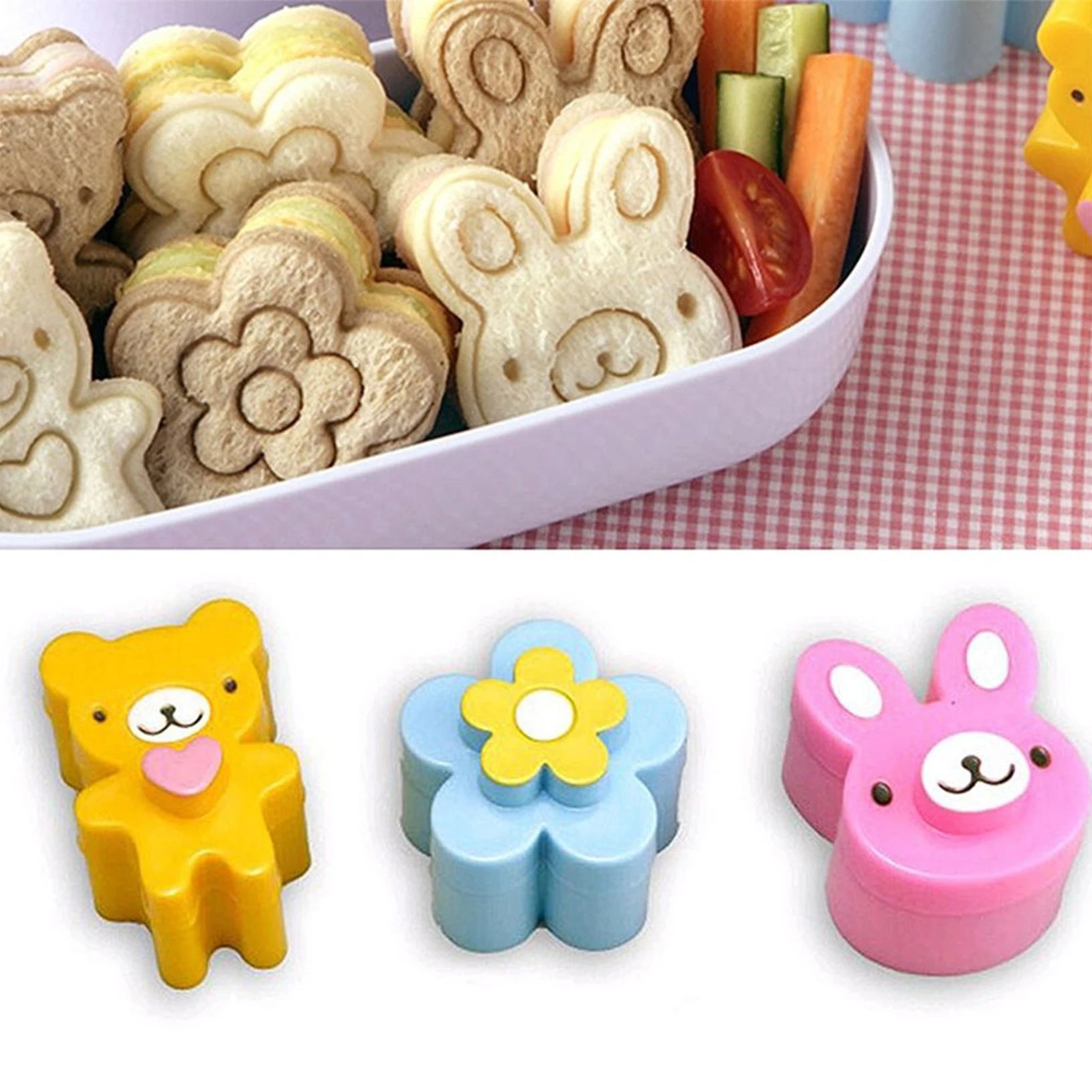 

3pcs/set Bear Flower Rabbit Sandwich Mold Cutter Bread Biscuits Embossed Device Cake Tools Rice Balls Lunch Mould Kitchen Tools