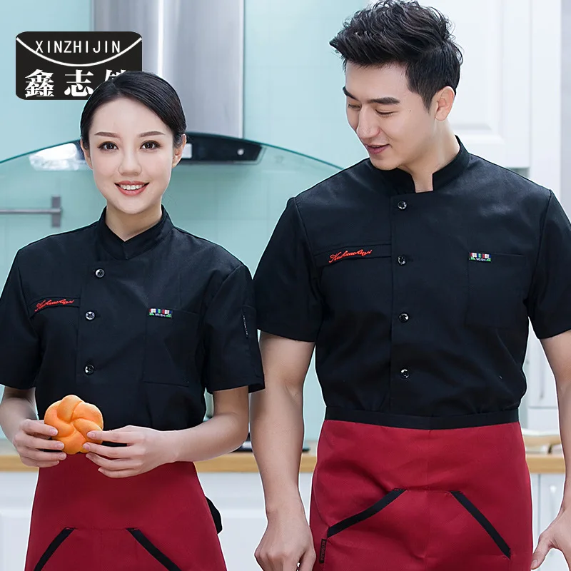 

Летняя одежда для шеф-повара в отеле, ресторана, летняя одежда, дышащая тонкая черная рабочая одежда с коротким рукавом для мужчин и женщин