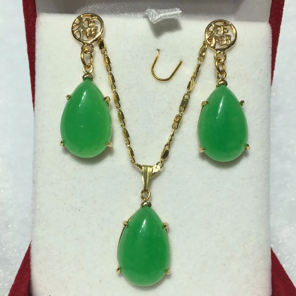 

wholesale noble new jewelry 12*16mm green Natural jade earring & chain pendant jewelry set